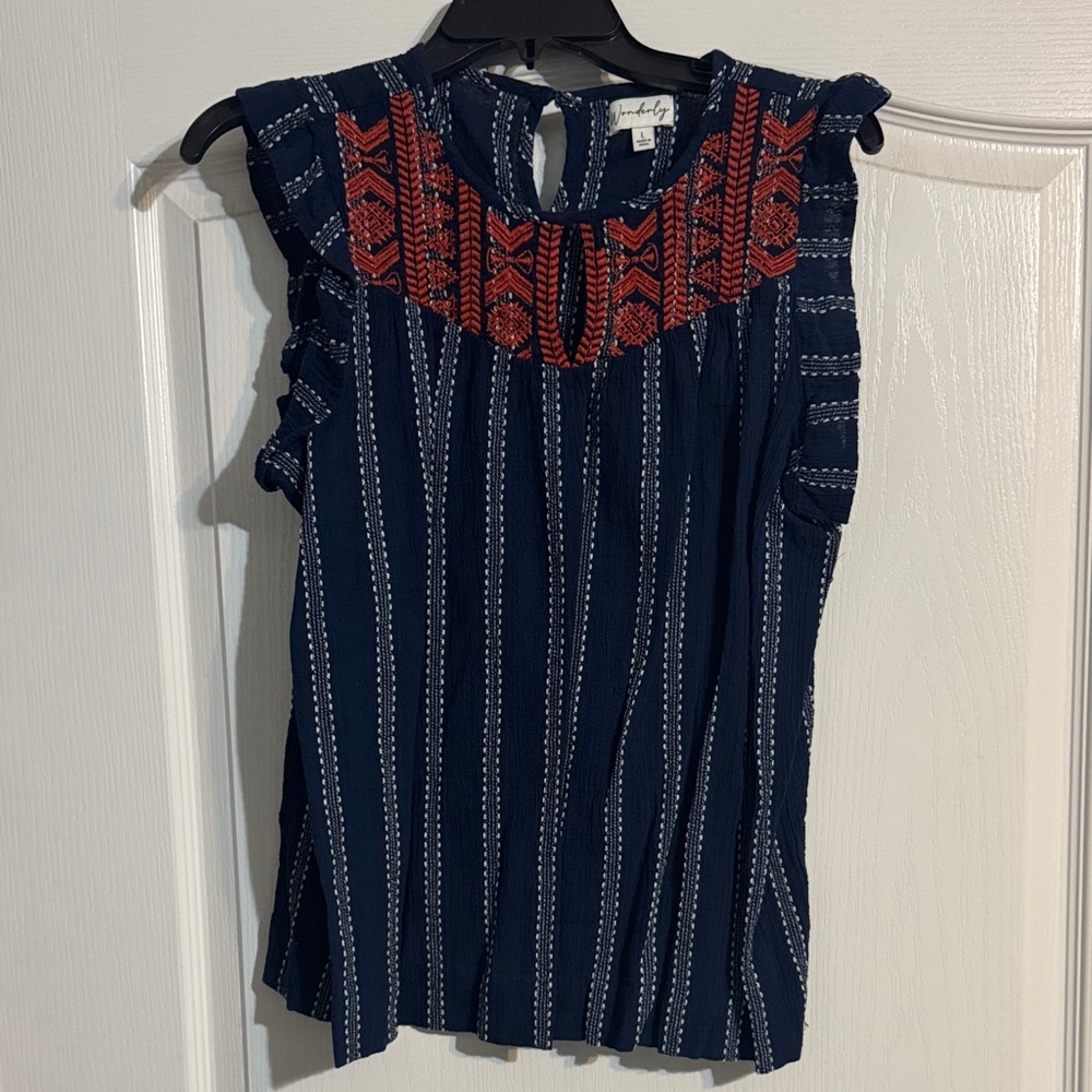 Wonderly Navy and Red Embroidered Blouse